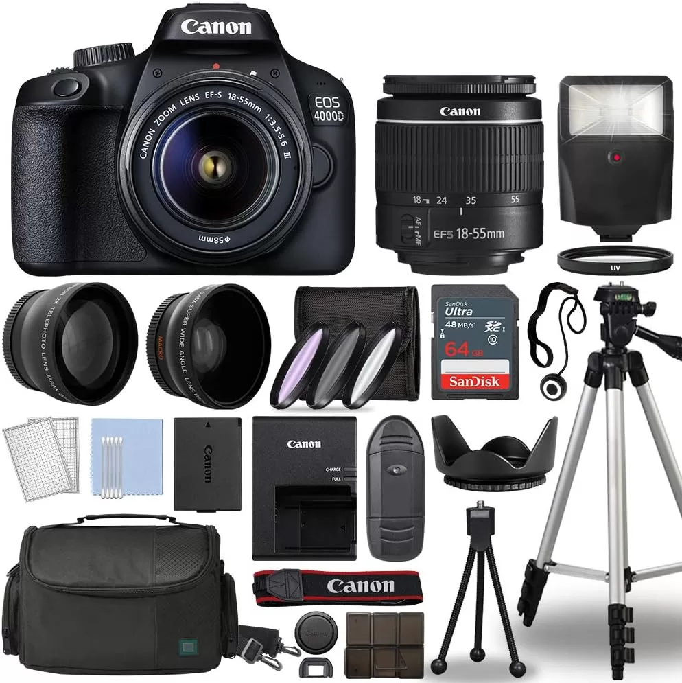 Canon EOS 4000D / Rebel T100 Digital SLR Camera Body w/Canon EF-S 18-55mm f/3.5-5.6 Lens 3 DSLR Kit Bundled with Complete Accessory Bundle + 128GB Flash  More - International Model (Renewed), Black